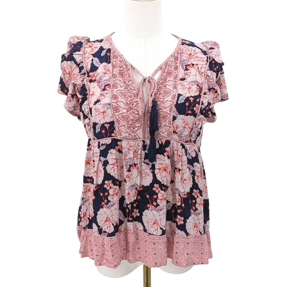 Boho Floral Peplum Top Knox Rose Navy Pink Tassel Blouse S